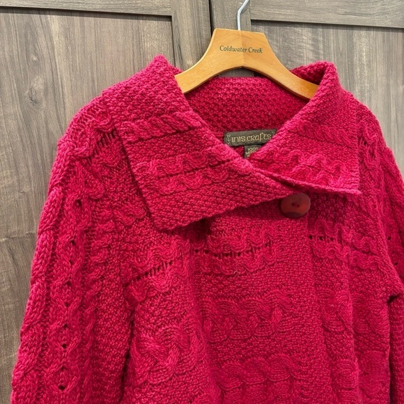 Inis Craft Large Cardigan Merino Wool Sweater One Button Cable Knit Red - Picture 5 of 12
